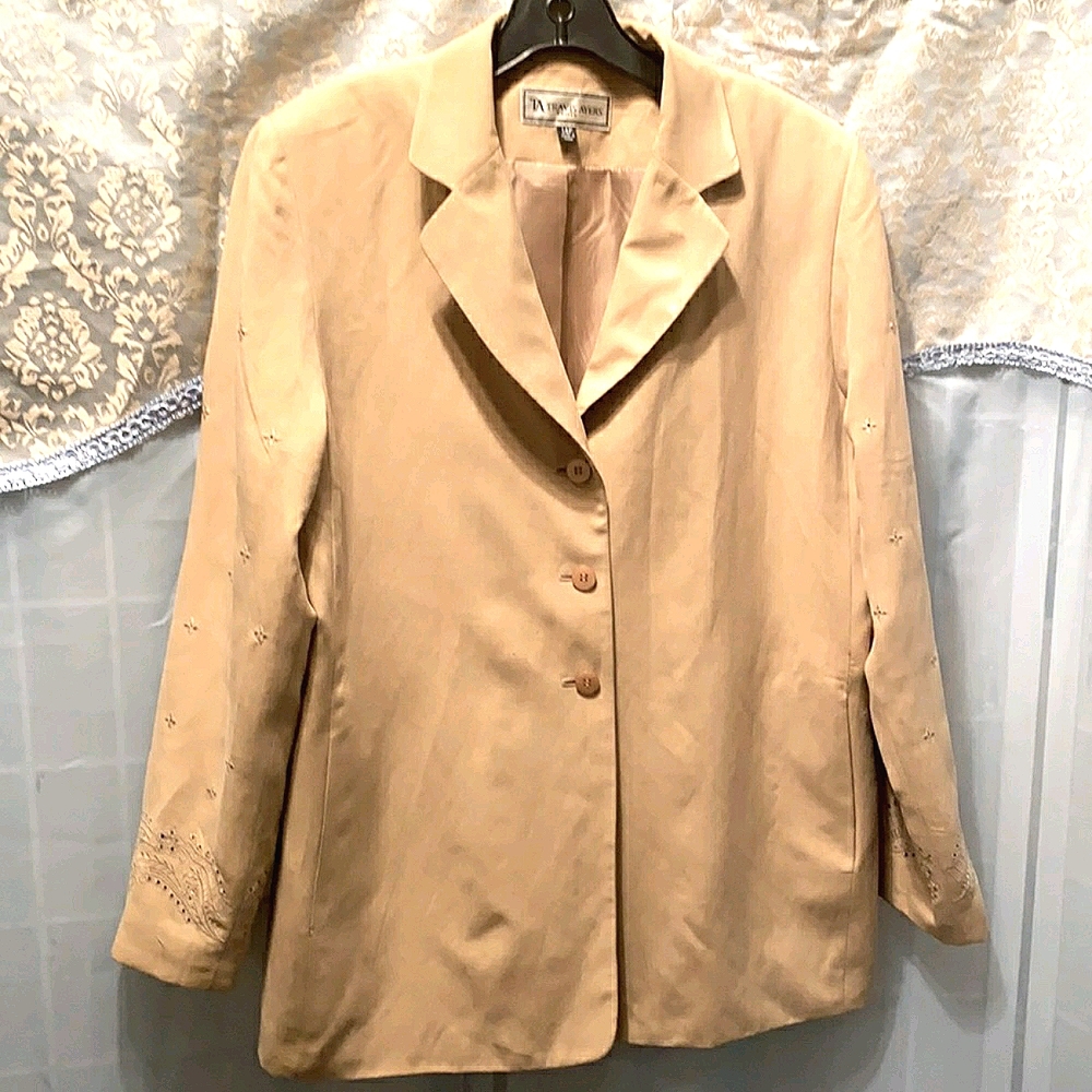 SILK & LINEN TAN TRAVIS AYERS PETITE BLAZER SZ 14P